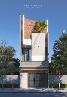 an architectural rendering of a modern house with plants on the balcony and balconies