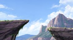 an animated image of two rocks with plants growing on them and mountains in the background