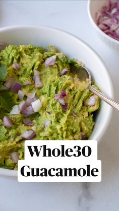 a white bowl filled with guacamole and onions