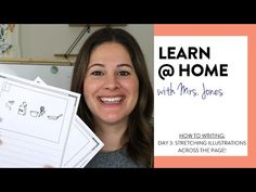 a woman holding up some paper with the words learn @ home written in front of her