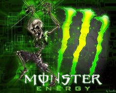 the monster energy logo with a skeleton dancing in front of an image of a green and black background