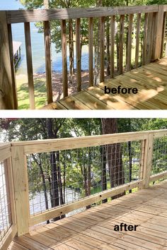 before and after shots of a deck railing