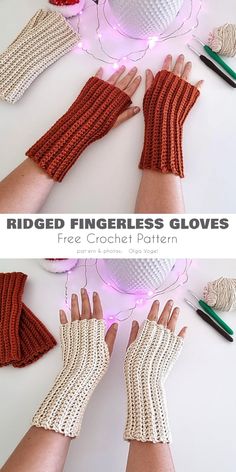 two pictures of hands with knitted fingerless gloves on them, one is red and the other is white