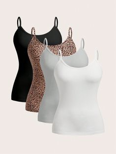 4pcs Casual Simple Leopard Print Tight-Fitting Women's Camisole Top, Suitable For Summer Multicolor Casual   Knitted Fabric Colorblock,Leopard Print,Textured Pattern Cami Slight Stretch  Women Clothing, size features are:Bust: ,Length: ,Sleeve Length: Vest Tops Women, Bodycon Casual, Cotton Camisole, Womens Camisoles, Women Tank Tops, Plus Size Tank Tops, Arte Popular, Casual Tank Tops, Basic Tops