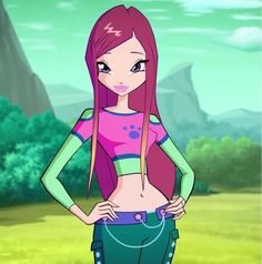 a cartoon girl with pink hair and green pants standing in front of a grassy area