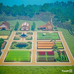 an aerial view of a farm with lots of trees and bushes in the foreground