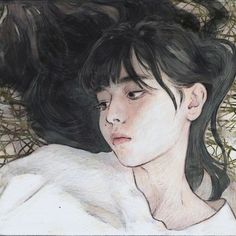 a drawing of a woman laying in bed with her hair blown back by the wind