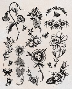 some flowers and hearts are drawn in black ink on a white paper with watermarks