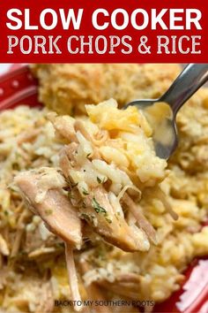 slow cooker pork chops and rice on a red plate with text overlay