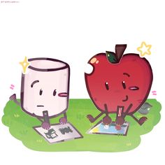 two cartoon characters sitting on the ground next to each other with an apple in front of them