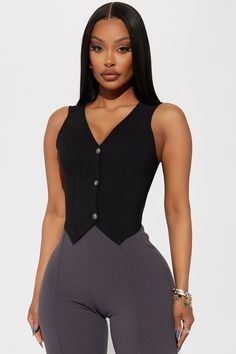 Available In Black and Taupe. Vest Sleeveless V Neck Button Down Cropped Non Stretch 95% Polyester 5% Spandex Imported | All Around Vest Top in Black size 1X by Fashion Nova Crop Vest Outfit, Modest Church Outfits, Street Style Outfits Casual, Vest Tops, Fasion Outfits, Cropped Vest, Vest Outfits, Clothing Essentials, Women Shirts Blouse