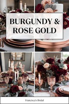 burgundy and rose gold wedding table setting with candles, plates, flowers and napkins