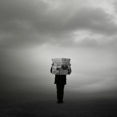 a person standing under a cloudy sky with a newspaper on their head, reading the paper