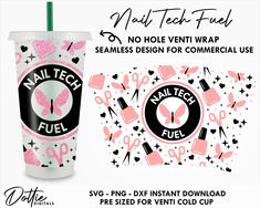 a pink and black cup with the words nail tech fuel on it next to an image of