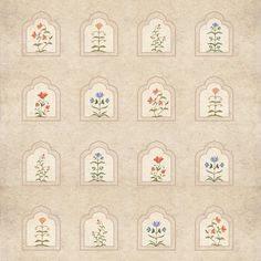 an old wallpaper with flowers and arches on the side, all in different colors