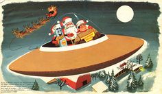 an old fashioned christmas card with santa riding in a flying saucer