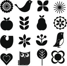 black and white silhouettes of different types of flowers, leaves, birds, and hearts