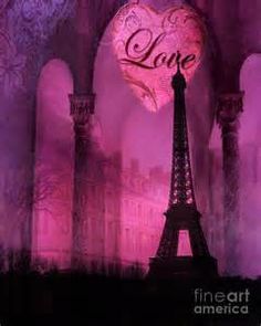 the eiffel tower is lit up in pink and purple with love written on it