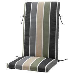 an outdoor chair cushion with ties on the back and seat cushions in grey, beige and green stripes