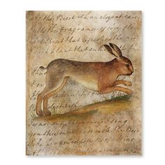 a painting of a brown rabbit running on top of grass with writing in the background