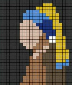 a cross stitch pattern with the image of a woman's face in blue and yellow