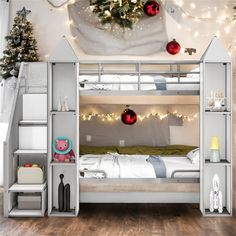 a bunk bed with christmas decorations and lights