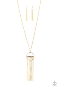 Paparazzi Accessories-Terra Tassel - Gold Necklace Item #P2TR-GDXX-096XX Infused with a shimmery gold chain fringe, a row of black beads is threaded along a gold rod that is fitted in place inside the center of an airy gold ring. The colorful pendant swings from the bottom of a lengthened gold chain for a trendy tribal look. Features an adjustable clasp closure. Sold as one individual necklace. Includes one pair of matching earrings. Chain Fringe, Mixed Metal Jewelry, Gold Long Necklace, Fringe Necklace, Gold Jewelry Necklace, Paparazzi Accessories, Paparazzi Jewelry, Affordable Jewelry, Boutique Jewelry