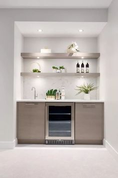 a kitchen with an oven and shelves filled with plants