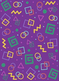 a purple background with different colored shapes and lines on it's surface, including the letters