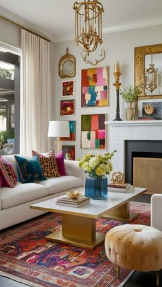 a living room filled with furniture and a fire place in front of a large window