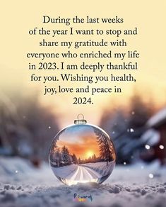 a snow globe with the words during the last week of the year i want to stop and share my gratitude with everyone who enriched my life in 2012