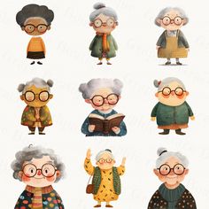 an old woman with glasses and other people in different outfits, all holding up their hands