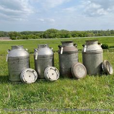 old metal pots and pans sitting on the grass in front of an open field