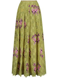 green/light pink/purple macramé detailing all-over floral embroidery high-waisted concealed rear zip fastening fully pleated scallop edge ankle-length Tulle Gowns, Maxi Skirt Fall, Purple Skirt, Scallop Edge, Giambattista Valli, Fall Skirts, Green Skirt, Green Light, Ruffle Dress