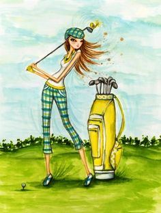 a drawing of a woman playing golf with a yellow bag and clubs in her hand