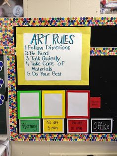 a bulletin board that has been decorated with different colors and writing on it, along with the words art rules