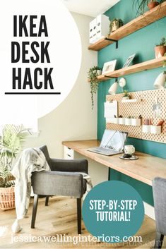 a desk and chair with the words ikea desk hack on it in front of them