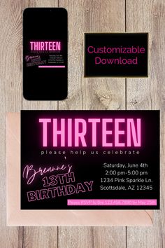 the five birthday party flyer is displayed on a wooden table with pink and black lettering