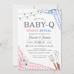 a baby q gender reveal is shown on the front and back of this card, which features an illustration of a cooking utensil