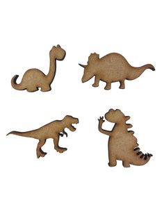 three wooden dinosaurs are shown on a white background