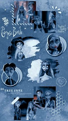 the poster for corpse bride is shown in black and white, with many different pictures on it