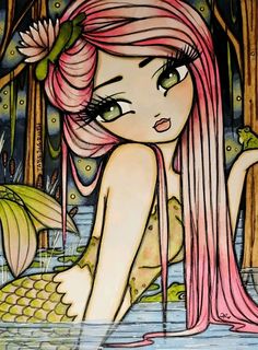 a drawing of a mermaid with pink hair and green eyes sitting in the water next to trees