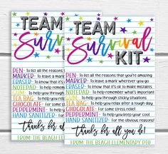 teacher survival kit with colorful writing on it