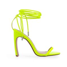 Vegan leather upper with man-made sole Self tieing ankle lace for a sexy look Covered curved heel Heel measures approx 4" Imported Lime Green Heels, Green Heels, Strappy High Heels, Proposal Box, Bridesmaid Proposal Box, Carrie Bradshaw, Fashion High Heels, Bridesmaid Proposal, Strappy Heels