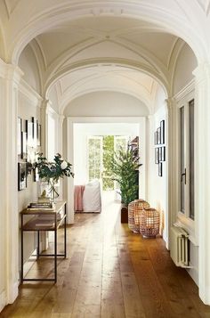 a hallway with wooden floors and white walls, along with potted plants on the far wall