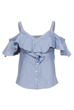 Current Boutique-Veronica Beard - Blue & White Striped Button-Up Blouse w/ Off-the-Shoulder Design Trendy Striped Blouse For Vacation, Cute Ruffled Blouse For Summer, Cute Ruffled Summer Blouse, Striped Short Sleeve Blouse With Ruffles, Fitted Striped Blouse With Ruffles, Striped Ruffled Blouse For Summer, Striped Ruffle Blouse For Summer, Blue Ruffles Blouse For Summer, Blue Ruffled Blouse For Summer