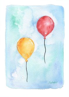 two red and yellow balloons are flying in the sky with blue watercolors behind them