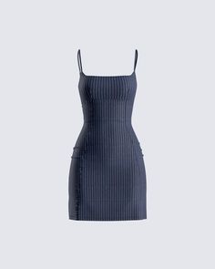 This dress means business 🙌 Unleash your inner boss babe with this navy pinstripe mini dress - crafted with a pinstripe fabric, figure-hugging bodycon fit, adjustable straps, and an invisible side zipper 💙 Hanna Kae, Pinstripe Fabric, White Corset Dress, Dress Png, Yellow Mini Dress, Navy Blue Top, Kehlani, Dress Crafts, Glam Dresses