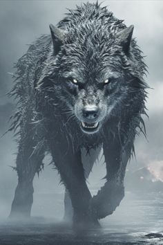 a wolf is walking through the foggy water