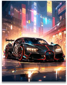 a painting of a bugatti on the street